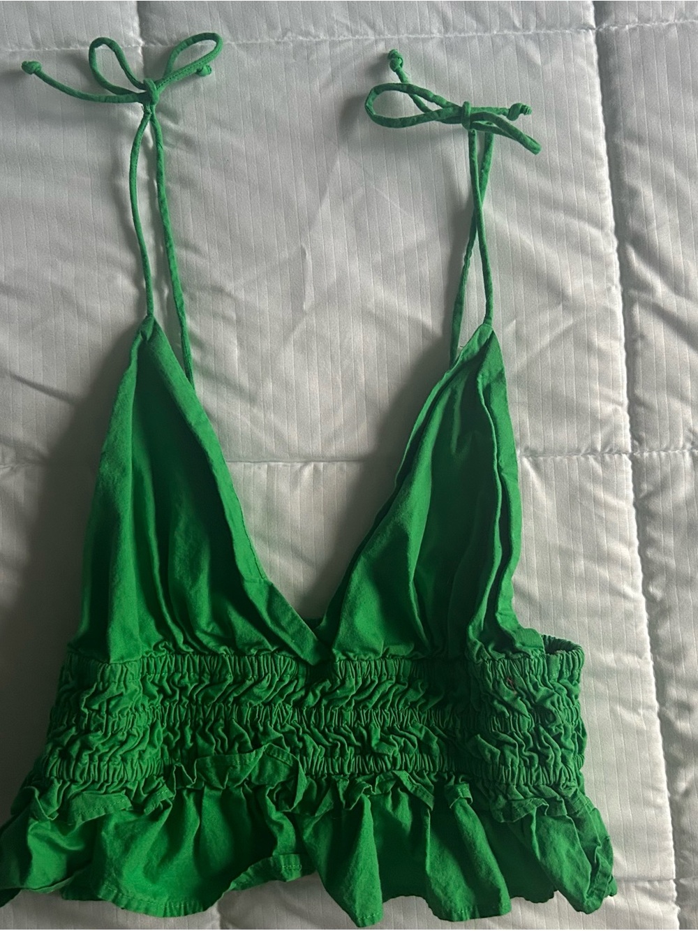 Green Tie-Shoulder Ruffle Hem Bralette Tank Top